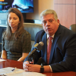 Brooklyn DA Eric Gonzalez and Assistant District Attorney Alona Katz speaking at a virtual conference about how the Virtual Currency Unit disrupted a "pig butchering" cryptocurrency scam operation. Photo courtesy of Brooklyn DA’s Office