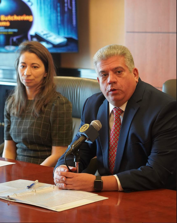 Brooklyn DA Eric Gonzalez and Assistant District Attorney Alona Katz speaking at a virtual conference about how the Virtual Currency Unit disrupted a "pig butchering" cryptocurrency scam operation. Photo courtesy of Brooklyn DA’s Office