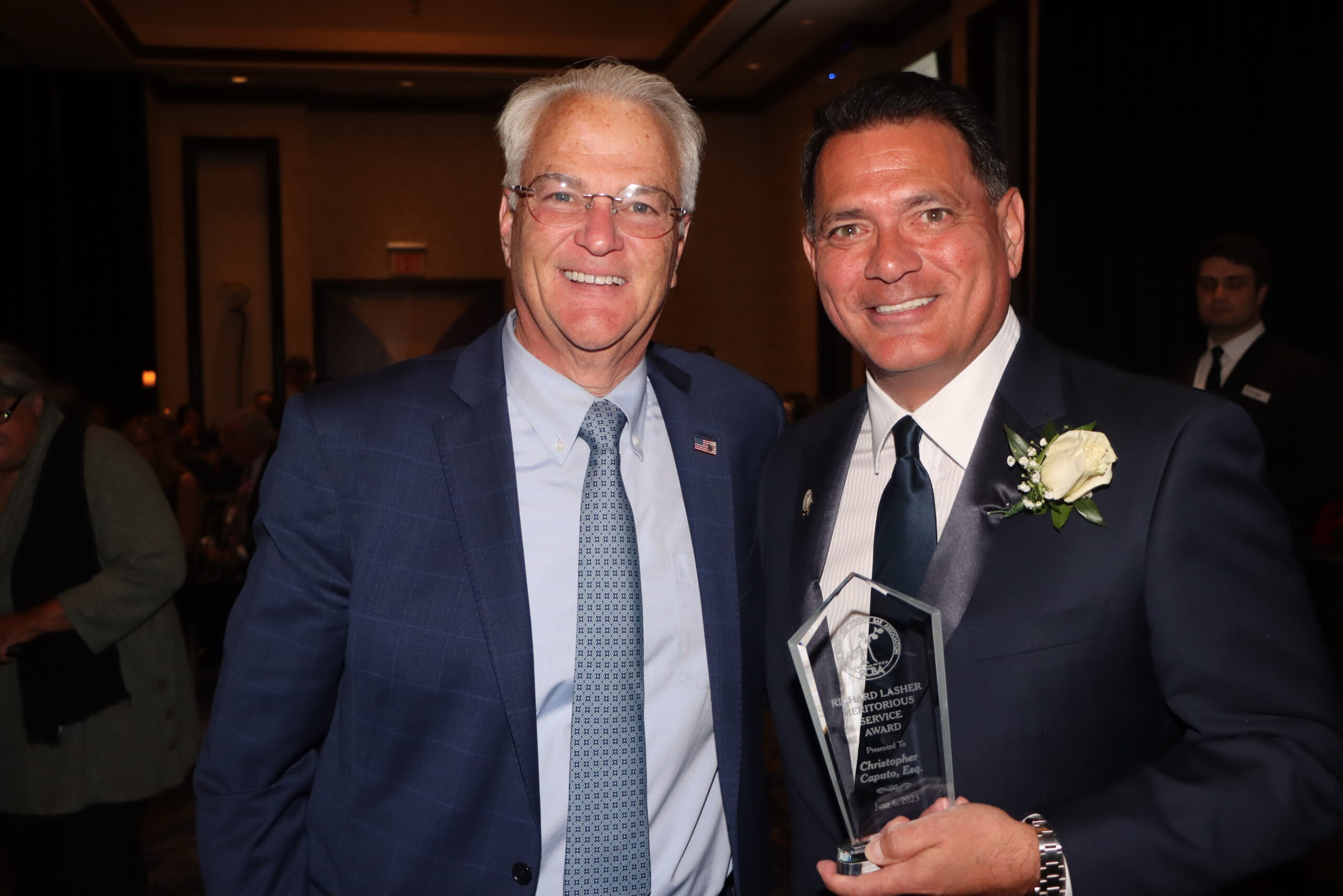 Staten Island District Attorney Michael McMahon (pictured left with Christopher Caputo, past president of the Columbian Lawyers Association of Brooklyn) was installed as president of DAASNY on Monday. Brooklyn Eagle photo by Mario Belluomo