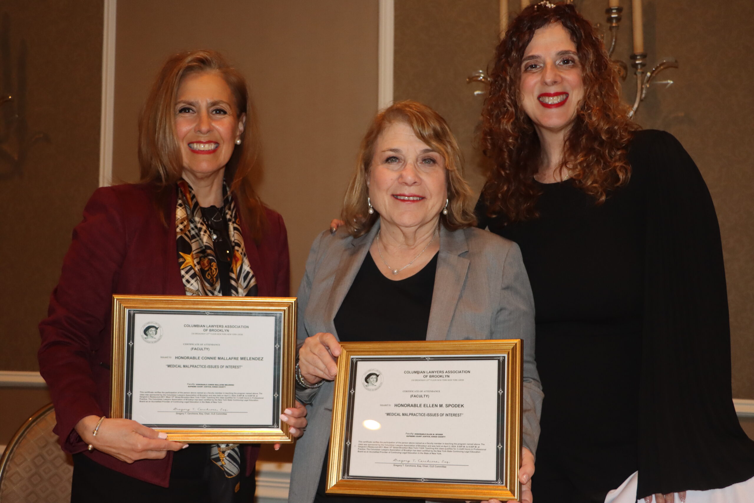 The Columbian Lawyers Association of Brooklyn and its President, Yolanda Guadagnoli (right), welcomed Justices Connie Mallafre Melendez (left) and Hon. Ellen Spodek (center) as its guest speakers during its CLE meeting this month. Brooklyn Eagle photos by Mario Belluomo