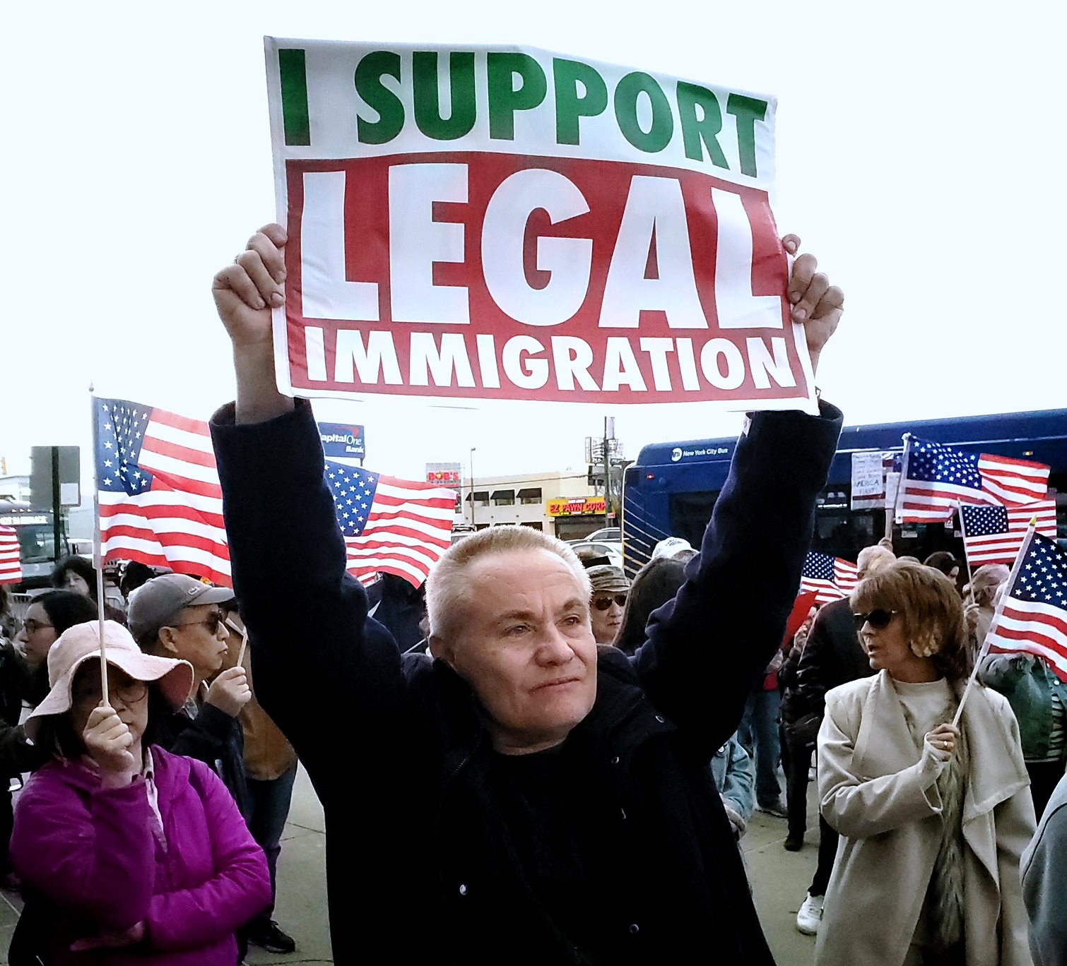 A supporter of “legal immigration” makes his presence felt.