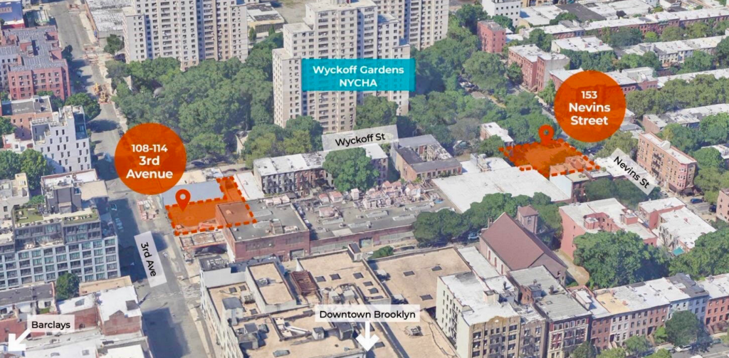 This aerial photo of the Boerum Hill area shows the two sites that are slated to be developed for affordable housing.