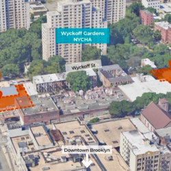 This aerial photo of the Boerum Hill area shows the two sites that are slated to be developed for affordable housing.