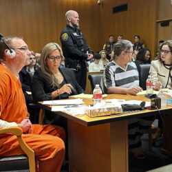 From left, James Crumbley, defense lawyer Mariell Lehman, Jennifer Crumbley, and defense lawyer Shannon Smith await sentencing in Oakland County, Mich., court on Tuesday, April 9, 2024. Photo: Ed White/AP