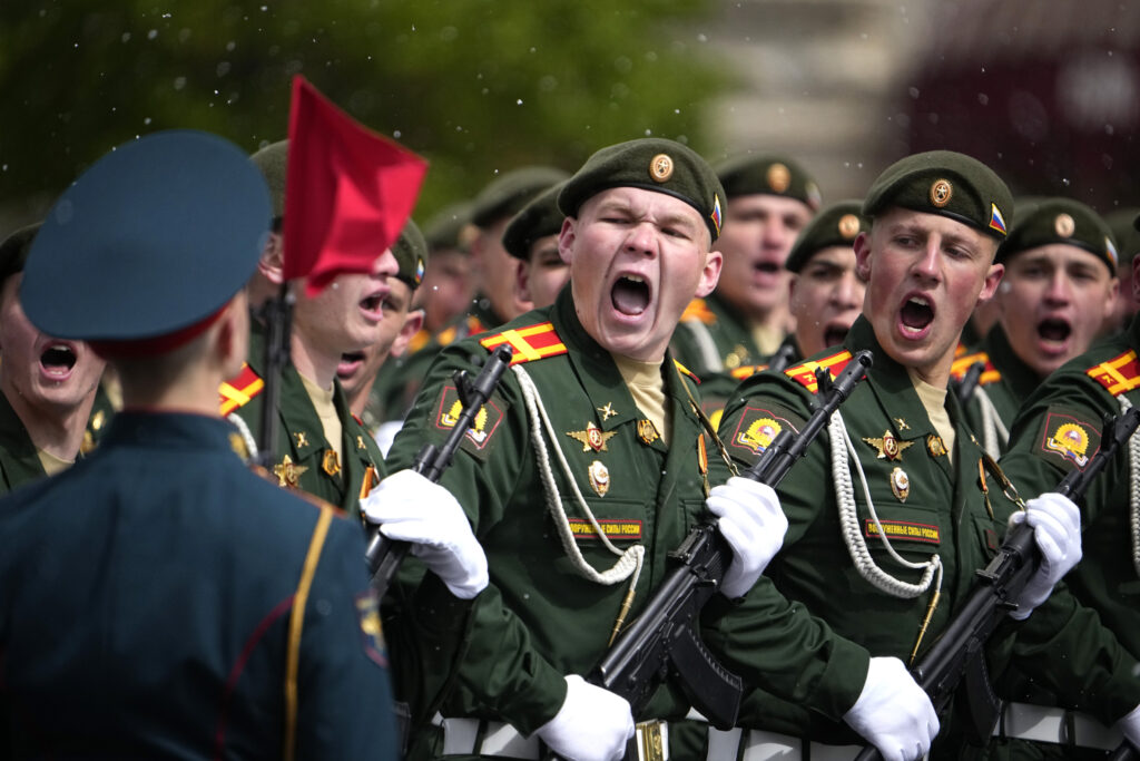 Russian servicemen march during the Victory Day military parade in Moscow, Russia, Thursday, May 9, 2024, marking the 79th anniversary of the end of World War II. (AP Photo/Alexander Zemlianichenko)