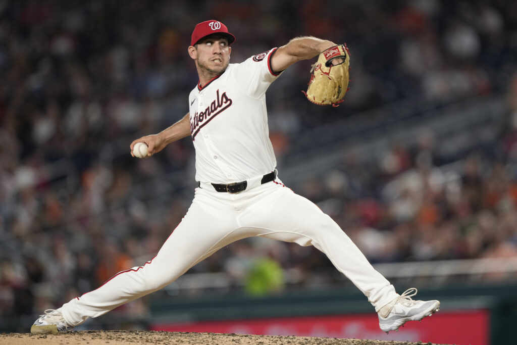 Washington Nationals pitcher Jacob Barnes throws to a Baltimore Orioles batter during the eighth inning of a baseball game at Nationals Park in Washington, Wednesday, May 8, 2024. (AP Photo/Susan Walsh)