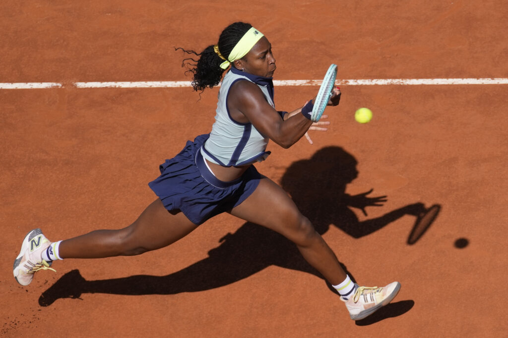 Coco Gauff of the United States in action during her match against Poland's Iga Swiatek at the Italian Open tennis tournament at Rome's Foro Italico, Thursday, May 16, 2024. (AP Photo/Andrew Medichini)