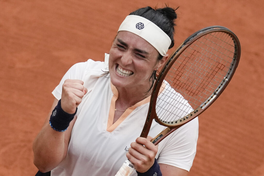 Tunisia's Ons Jabeur celebrates winning her second round match of the French Open tennis tournament against Colombia's Camila Osorio at the Roland Garros stadium in Paris, Wednesday, May 29, 2024. (AP Photo/Christophe Ena)