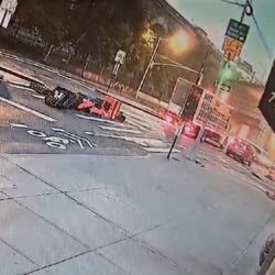 This screen grab captured from surveillance video supplied by Eric Han shows the poultry truck driving away Monday morning, the driver unaware that crates of live chickens were laying in the middle of Old Fulton Street.