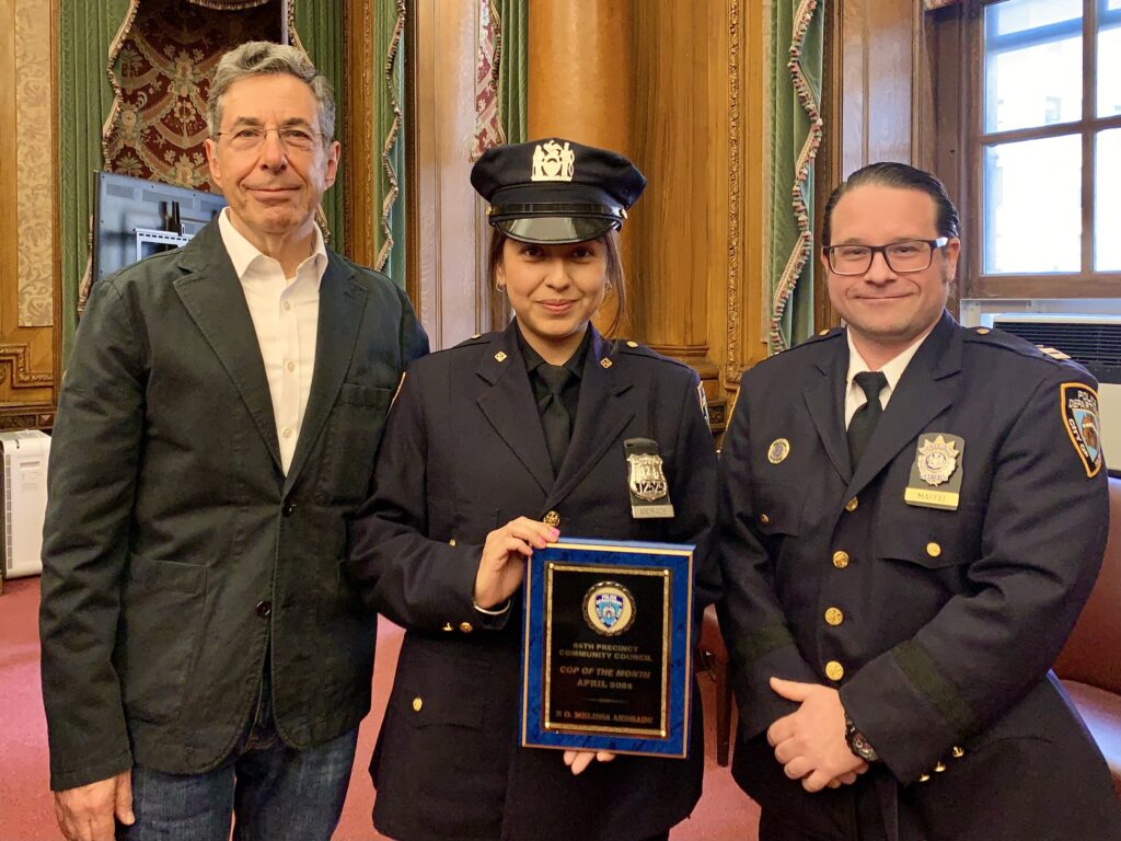 From left: 84th Precinct Community Council President Mark Gelbs, Police Officer Melissa Andrade, and the 84th Precinct’s Commanding Officer Captain Thomas Maffei.