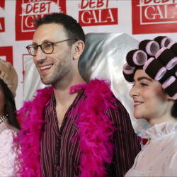 Debt Gala co-founders, from left, Molly Gaebe, Tom Costello and Amanda Corday, appear at the Debt Gala in Brooklyn on Sunday, May 5, 2024. Photos: James Pollard/AP