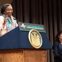 Senate Majority leader Andrea Stewart-Cousins and Gov. Kathy Hochul at signing of legislative package to protect abortion rights, June 30, 2022.