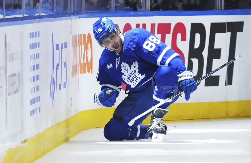 Toronto Maple Leafs' William Nylander (88) celebrates after his goal against the Boston Bruins during third-period action in Game 6 of an NHL hockey Stanley Cup first-round playoff series in Toronto, Thursday, May 2, 2024. (Nathan Denette/The Canadian Press via AP)