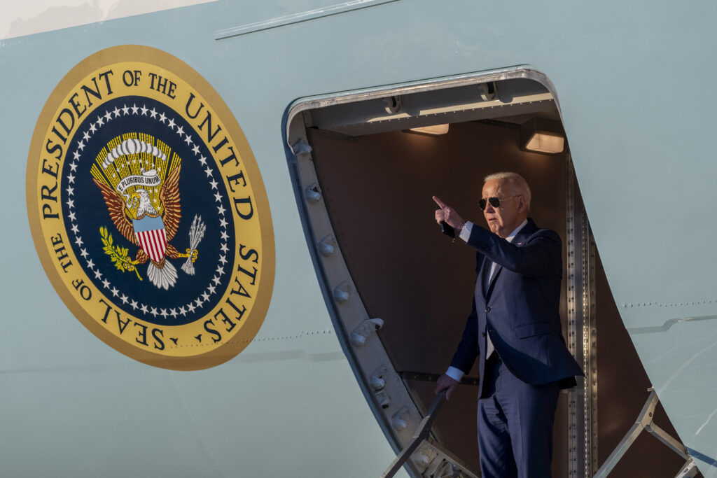 President Joe Biden waves as he arrives on Air Force One at Moffett Field, Thursday, May 9, 2024, in Mountain View, Calif. (AP Photo/Alex Brandon)