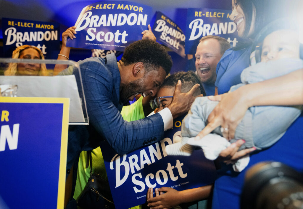Baltimore Mayor Brandon Scott celebrates with supporters while declaring victory during a Democratic primary election night watch party, Tuesday, May 14, 2024, in Baltimore. (Jessica Gallagher/The Baltimore Banner via AP)