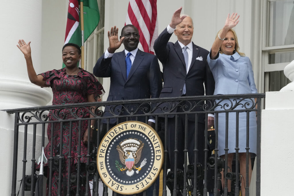 President Joe Biden, center right, and Kenya's President William Ruto, center left, along with Kenya's first lady Rachel Ruto, left, and first lady Jill Biden, right, wave after a State Arrival Ceremony Thursday, May 23, 2024, on the South Lawn of the White House in Washington. (AP Photo/Jacquelyn Martin)