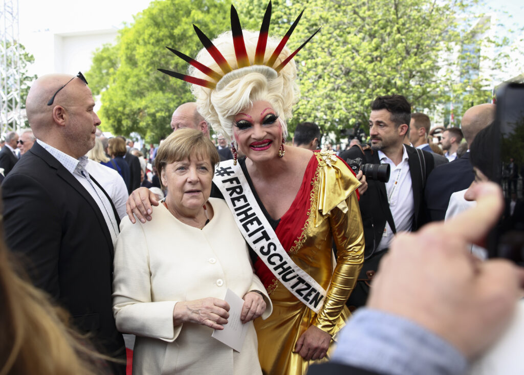 Former German Chancellor Angela Merkel attends an event marking the 75th anniversary of the German Basic Law (Grundgesetz), in Berlin, Germany, Thursday May 23, 2024. (Liesa Johannssen/Pool photo via AP)