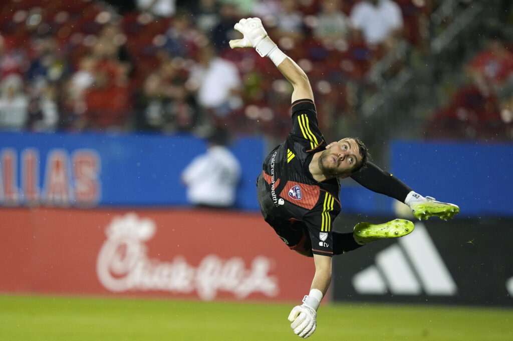 FC Dallas goalkeeper Maarten Paes watches a shot go high during the second half of an MLS soccer match against Austin FC, Saturday, May 11, 2024, in Frisco, Texas. (AP Photo/LM Otero)