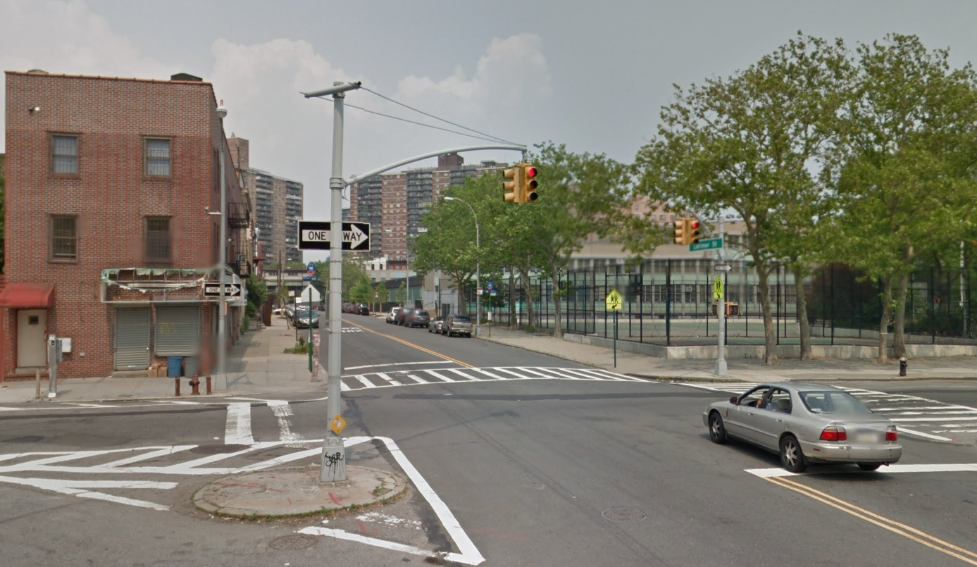 The intersection of Lorimer Street and Harrison Avenue in Williamsburg, where Michael Rivera allegedly ran a red light and collided with an MTA bus, resulting in the fatal injury of passenger Alex DeJesus Caba Gutierrez on his birthday. Screenshot via Google Street View