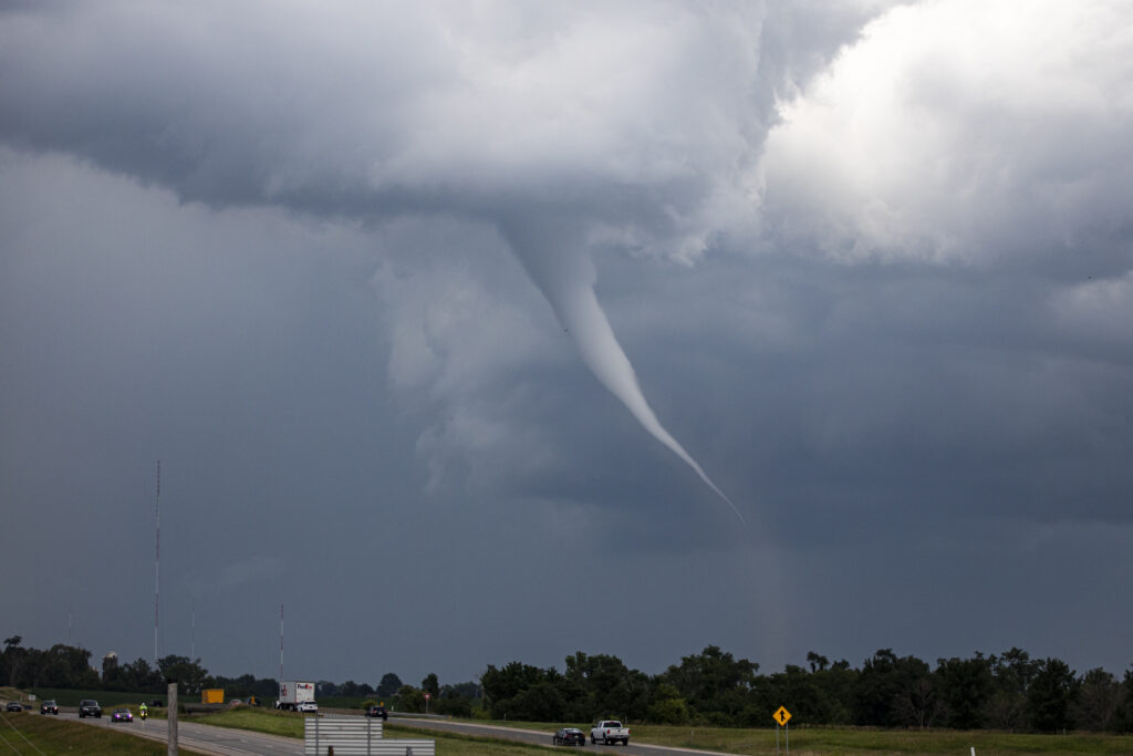 A tornado is seen near Cedar Rapids, Iowa on Tuesday, June 25, 2024. More severe weather was forecast to move into the region Tuesday, potentially bringing large hail, damaging winds and even a brief tornado or two in parts of western Iowa and eastern Nebraska, according to the National Weather Service. (Nick Rohlman/The Gazette via AP)