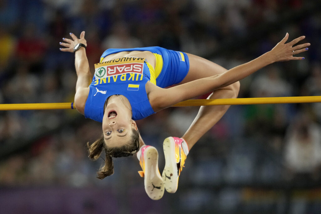 Yaroslava Mahuchikh, of Ukraine, makes an attempt in the women's high jump final at the the European Athletics Championships in Rome, Sunday, June 9, 2024. (AP Photo/Andrew Medichini)