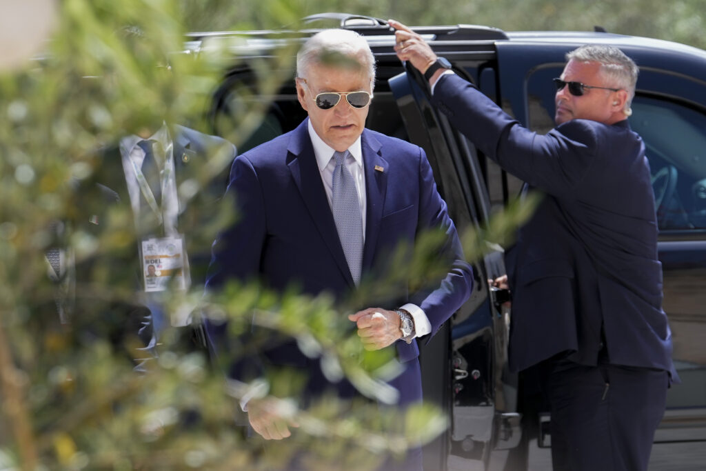 U.S. President Joe Biden arrives to a G7 world leaders summit at Borgo Egnazia, Italy, Thursday, June 13, 2024. (AP Photo/Luca Bruno)
