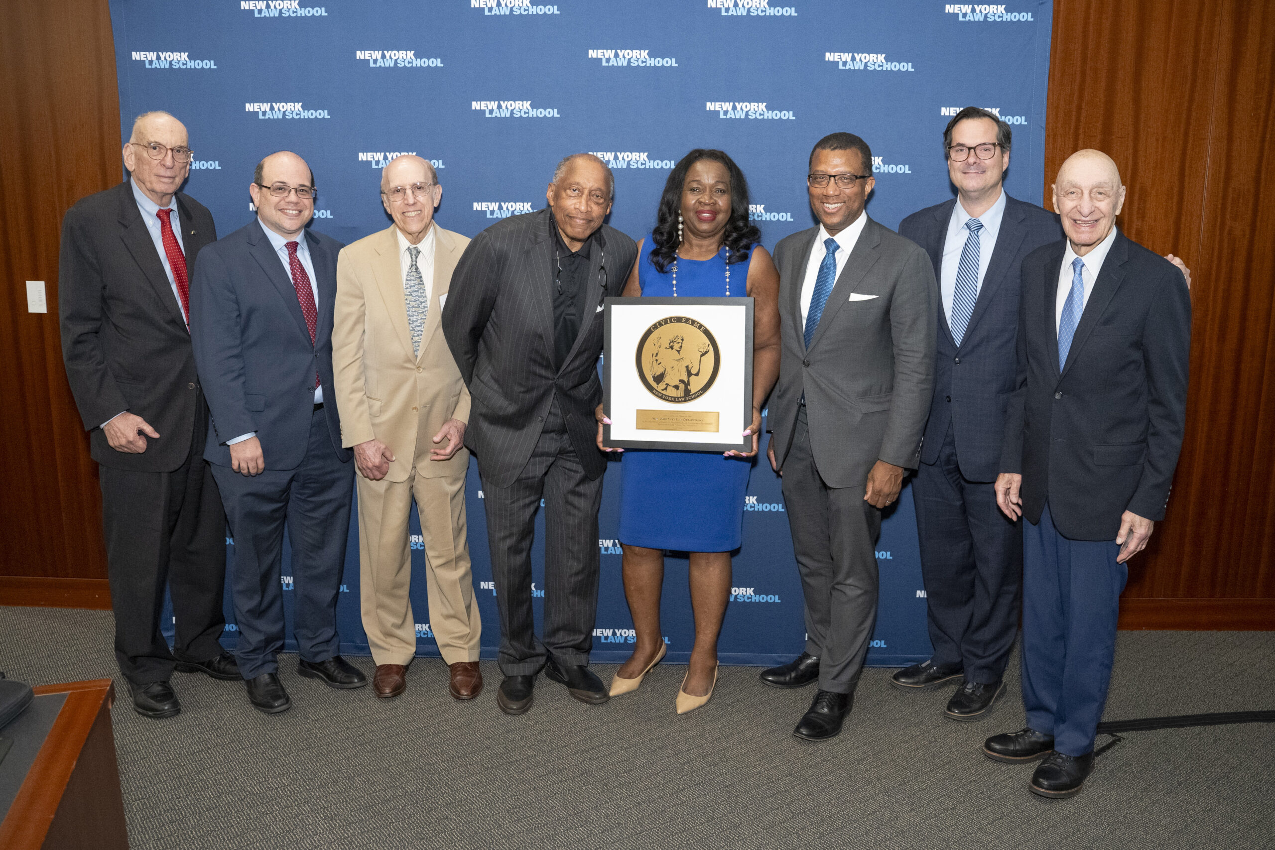 At the Civic Fame Award ceremony (pictured from left to right): Ross Sandler, director of New York Law School’s Center for NYC Law; Eric Eichenholtz, NYC Law Department managing attorney; former Corporation Counsels Michael Cardozo, Zachary Carter, Sylvia Hinds-Radix and Jim Johnson; Anthony Crowell, New York Law School dean and president; and Arthur Abbey, New York Law School Class of 1959, and chair of the New York Law School Board of Trustees. Photo courtesy of the NY Law Department