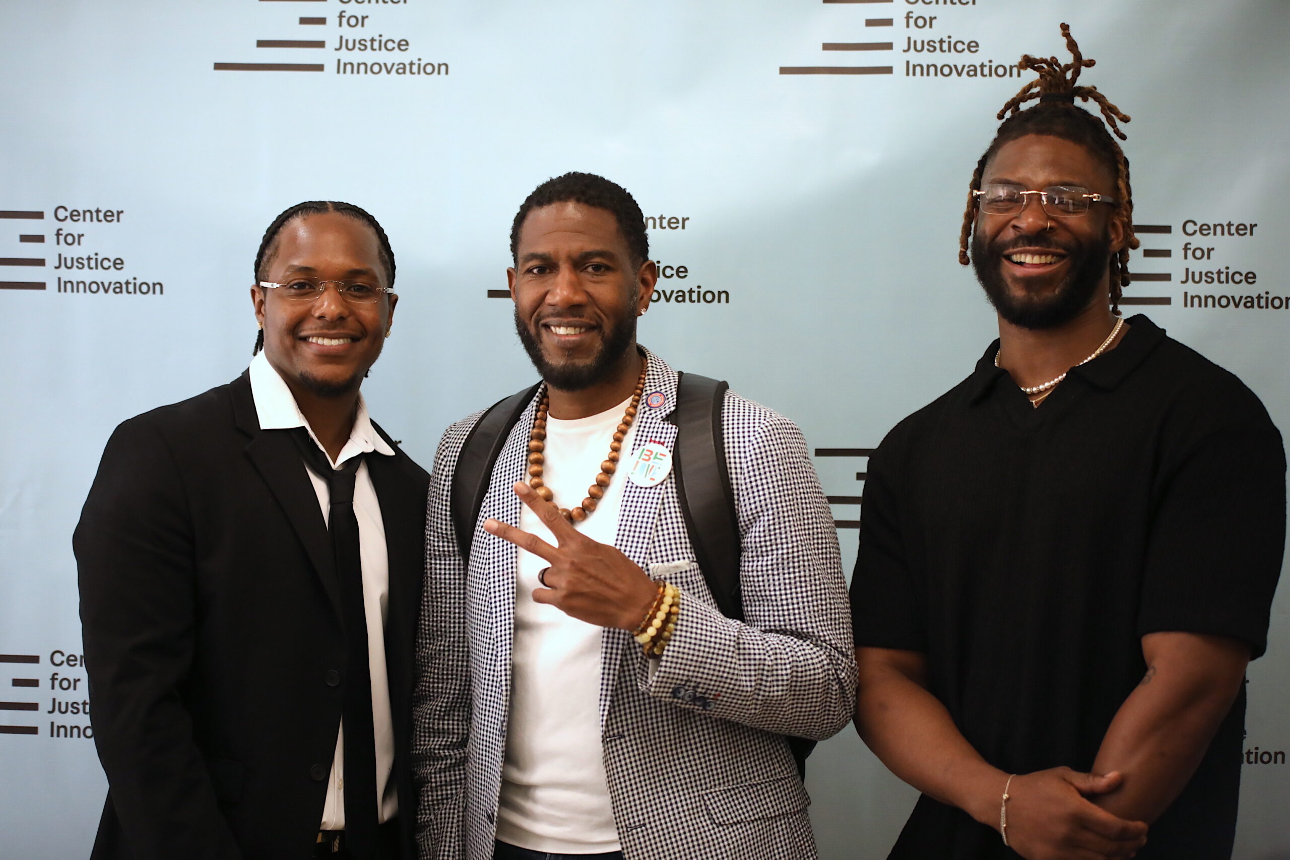 Co-directors Javonte Alexander (right) and Basaime Spate (left) at the launch of the Street Action Network, a new initiative by the Center for Justice Innovation to end gun violence, with Public Advocate Jumaane Williams. Photo by William Harkins/Center for Justice Innovation
