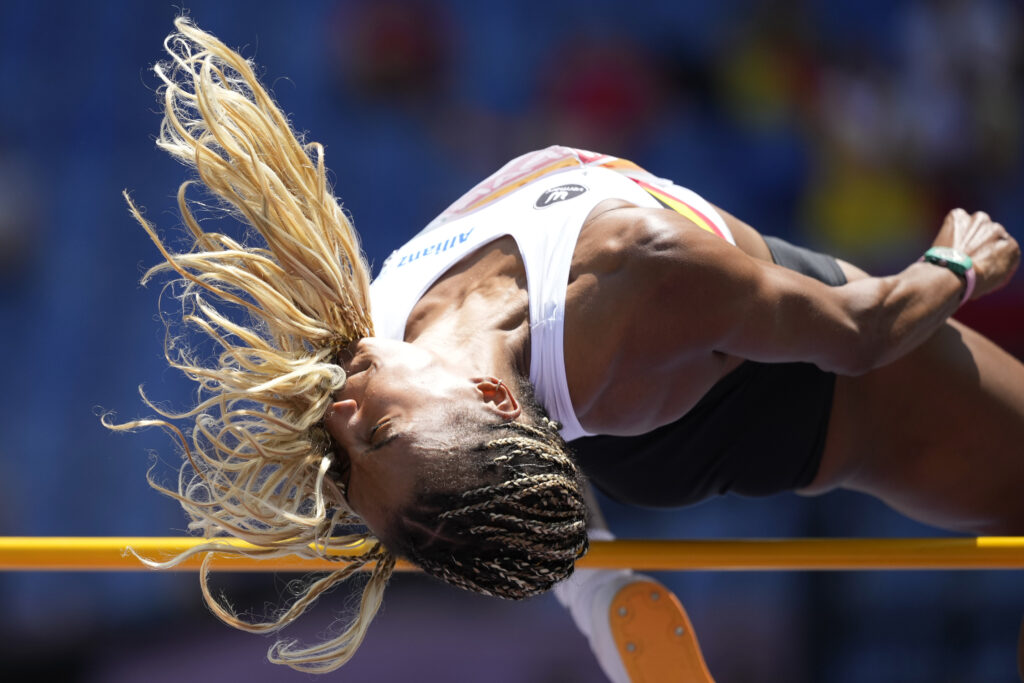 Nafissatou Thiam, of Belgium, makes an attempt in the heptatlon high jump the heptatlon high jump at the the European Athletics Championships in Rome, Friday, June 7, 2024. (AP Photo/Andrew Medichini)