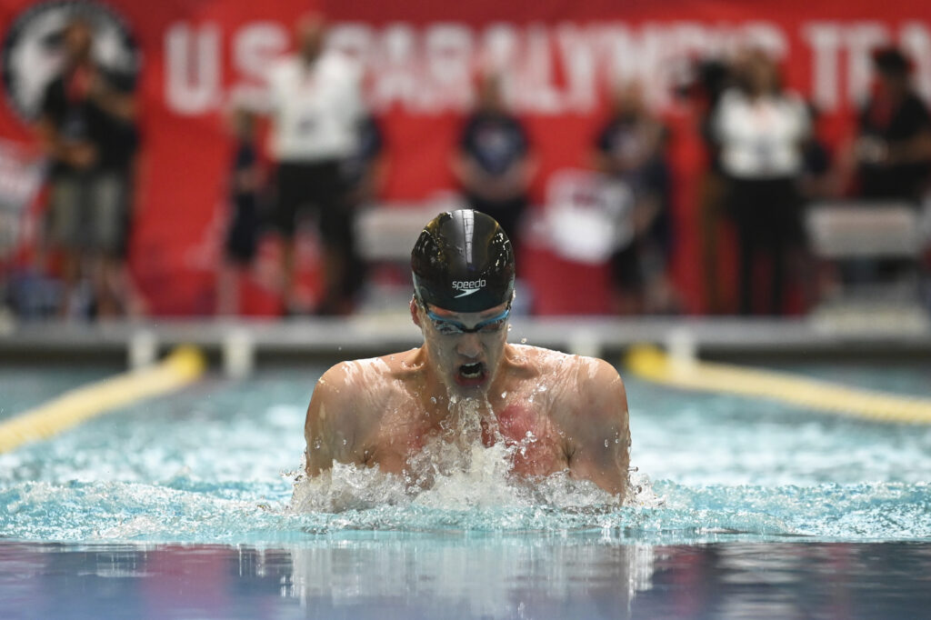 David Abrahams swims the men's 100 breaststroke at the 2024 U.S. Paralympic Swim Team Trials in Minneapolis, Thursday, June 27, 2024. (AP Photo/Jackson Ranger)