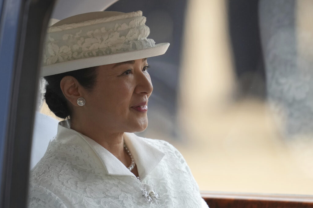 Japan's Empress Masako, arrives by car to attend the ceremonial start of the State Visit to Britain by the Japanese Emperor and Empress in London, Tuesday, June 25, 2024, of a state visit. (AP Photo/Kin Cheung, Pool)