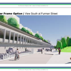 A view of one design variation, dubbed “linear” because of the vertical framing, as seen from Furman Street. Graphic: NYC DOT