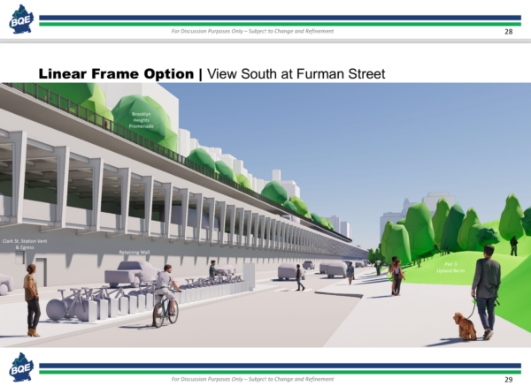 A view of one design variation, dubbed “linear” because of the vertical framing, as seen from Furman Street. Graphic: NYC DOT