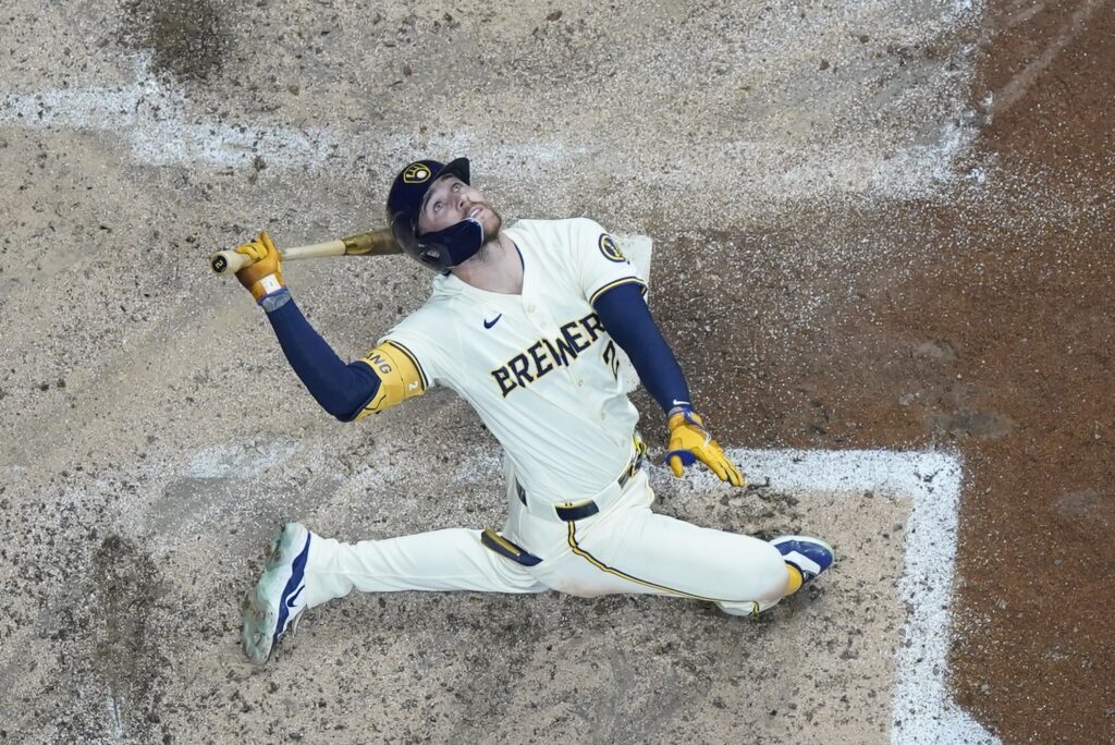 Milwaukee Brewers' Brice Turang looks up as he pops out during the fifth inning of a baseball game against the Texas Rangers Monday, June 24, 2024, in Milwaukee. (AP Photo/Morry Gash)