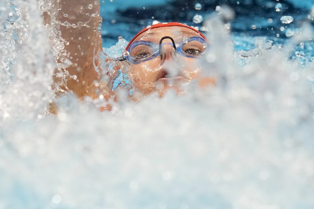 Phoebe Bacon swims during a Women's 200 backstroke preliminary heat Thursday, June 20, 2024, at the US Swimming Olympic Trials in Indianapolis. (AP Photo/Darron Cummings)