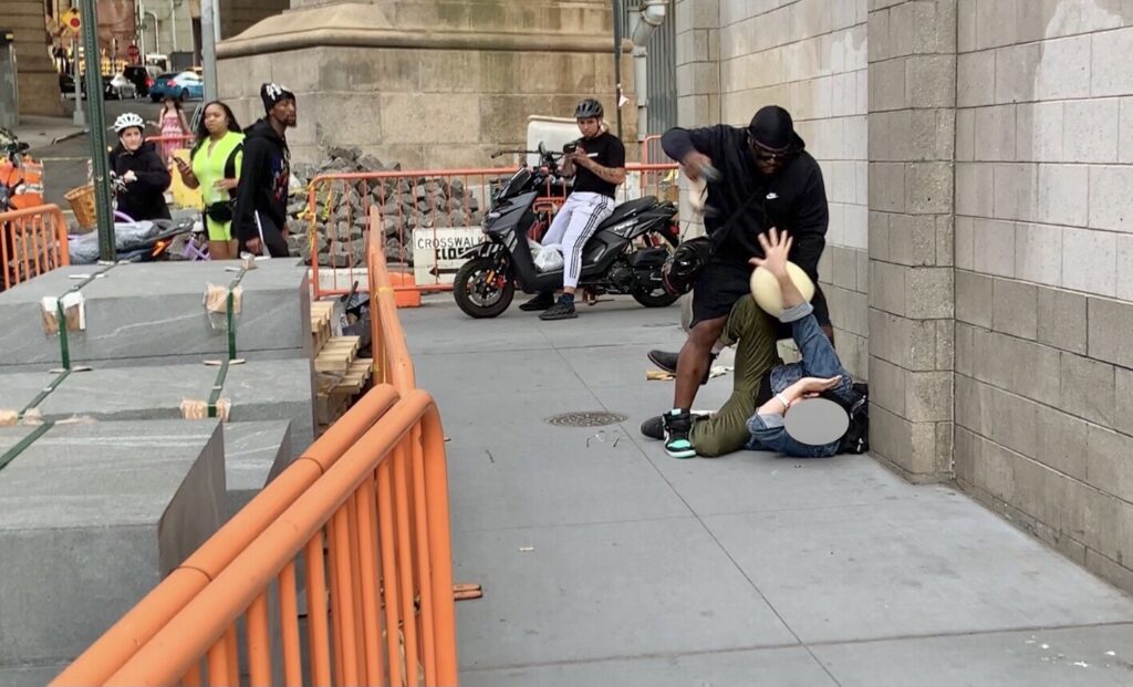 Police are looking for a suspect who jumped off his scooter and attacked a man in DUMBO, Brooklyn around 7:15 p.m. Wednesday.
