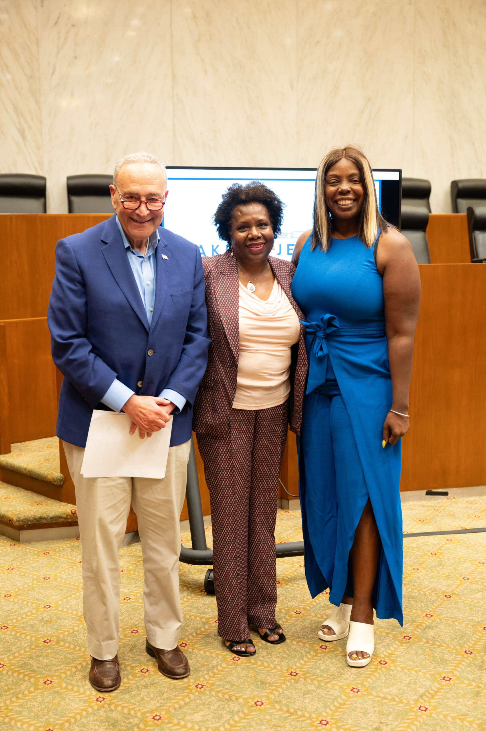 From left: Sen. Schumer, Justice Edwards and Assemblymember Latrice Walker. Photo by Jimmy Flix