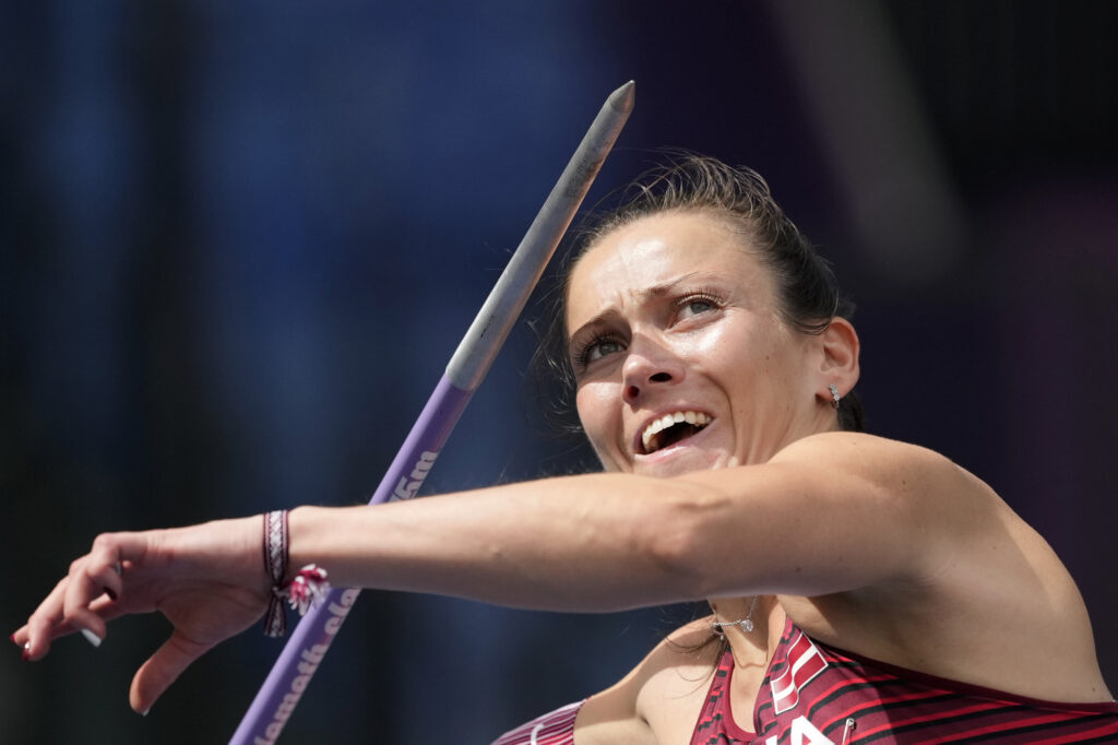 Anete Sietina, of Latvia, makes an attempt in the women javelin throw at the European Athletics Championships in Rome, Monday, June 10, 2024. (AP Photo/Alessandra Tarantino)