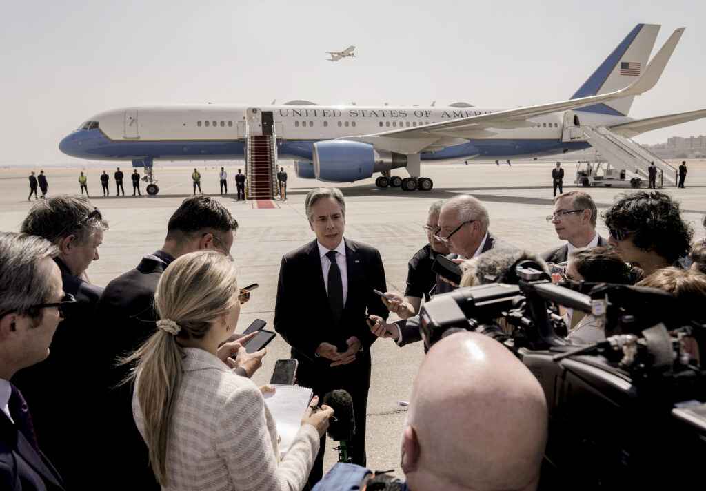 US Secretary of State Antony Blinken, speaks to reporters after his meeting with Egyptian President Abdel-Fattah el-Sissi, at Cairo airport, Egypt, Monday, June 10, 2024. (AP Photo/Amr Nabil, Pool)