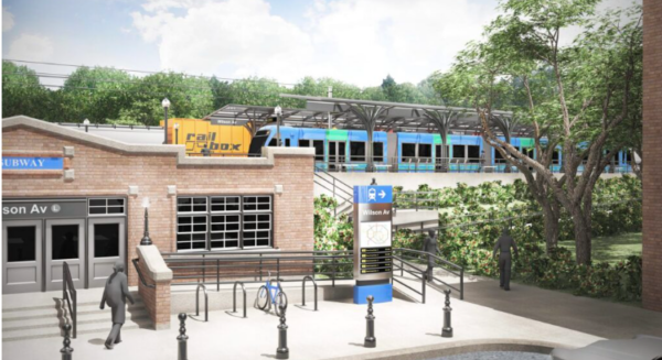 An artist’s rendering of a proposed Interborough Express station at Wilson Avenue in Brooklyn, showing a light rail train, a freight train and the entrance to the subway system’s L train station. Rendering courtesy of MTA