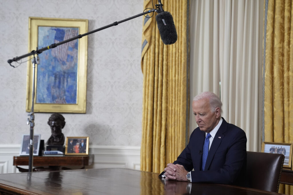 President Joe Biden pauses before he addresses the nation from the Oval Office of the White House in Washington, Wednesday, July 24, 2024, about his decision to drop his Democratic presidential reelection bid. (AP Photo/Evan Vucci, Pool)
