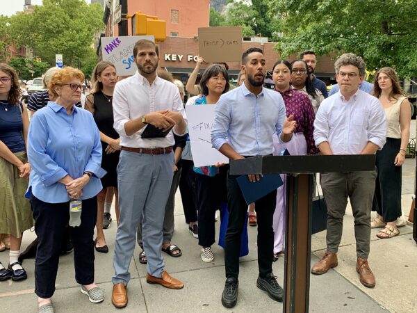 From left: Assemblymember Jo Anne Simon, state Sen. Andrew Gounardes, BP Antonio Reynoso and Councilmember Lincoln Restler gathered Thursday on Atlantic Avenue. Photo: Mary Frost, Brooklyn Eagle