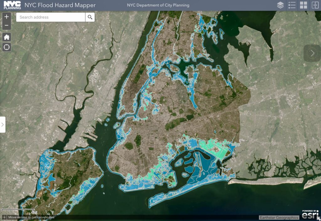 NYC’s Flood Hazard Map illustrates flood risk based on 2015 insurance rate data. Map courtesy of NYC Dept. Of City Planning