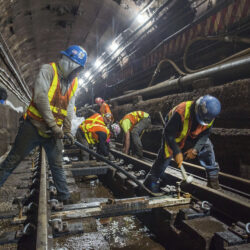 This photo provided by the Metropolitan Transportation Authority, June 15, 2019, shows workers during the L Project subway tunnel rehabilitation, in New York. Trent Reeves/Metropolitan Transportation Authority via AP, File