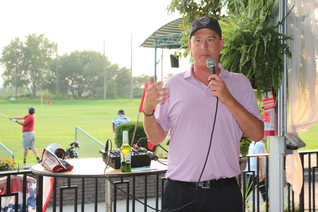 KCCBA President Darran Winslow kicks off the annual charity golf outing at Marine Park Golf Course, welcoming participants and highlighting the event's importance for both the legal community and local charities. Eagle photo by Mario Belluomo