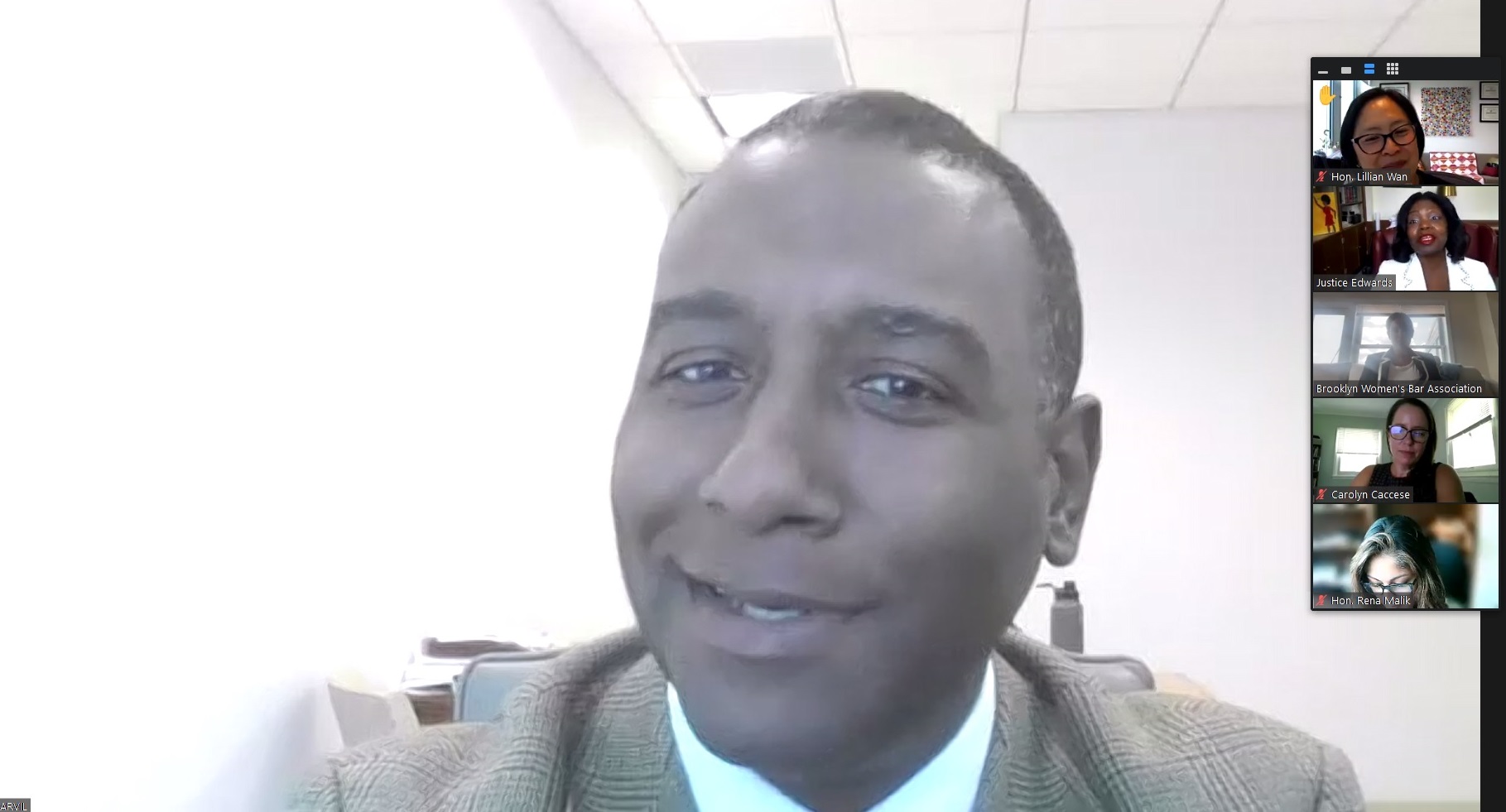 Judge Ben Darvil shares his journey from aspiring U.S. Marine to Family Court Judge during a virtual "Lunch with a Judge" event hosted by the Brooklyn Women's Bar Association. Screenshots via Zoom