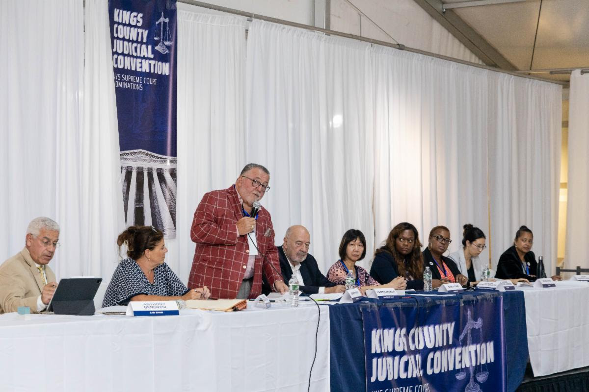 Judiciary Committee Chair Anthony Genovesi, Judiciary Committee Vice Chair Rachel Demarest Gold, District Manager Joseph Bova (AD 49), convener, Convention Chair Martin Connor, District Manager Nancy Tong (AD 47), secretary, Party Chair Rodneyse Bichotte Hermelyn (AD 42), District Manager Dionne Brown Jordan (AD 46), timekeeper, Teller Grace Pyun and District Manager Arleny Alvarado-McCalla Teller, who presided over the convention.