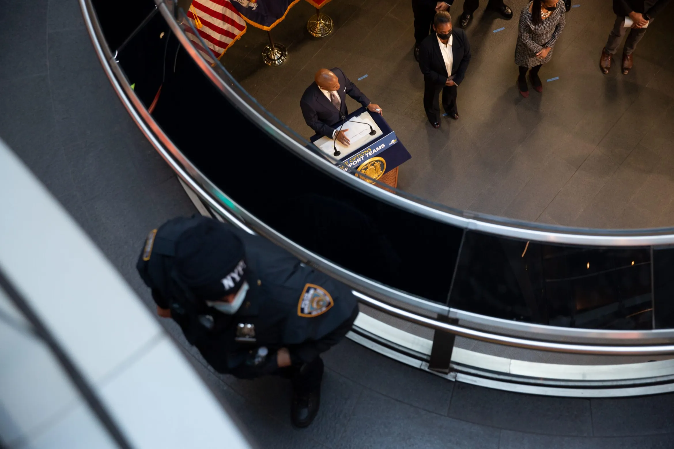 Mayor Eric Adams speaks about having more uniformed NYPD officers patrol the subways during a joint press conference with Gov. Kathy Hochul at the Fulton Transit Center, Jan. 6, 2022. Credit: Ben Fractenberg/THE CITY