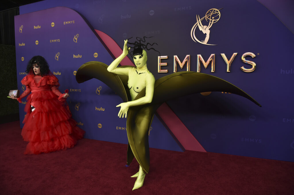 Megami, left, and Nymphia Wind arrive at the 76th Primetime Emmy Awards on Sunday, Sept. 15, 2024, at the Peacock Theater in Los Angeles. (Photo by Richard Shotwell/Invision/AP)