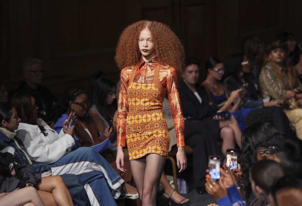 Models on the catwalk during the Ahluwalia show at Church House in Westminster, London, during London Fashion Week, Saturday Sept. 14, 2024. (Yui Mok/PA via AP)